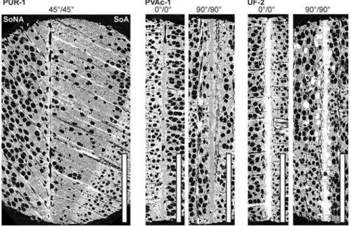 Fig. 8 Cross-sections of selected samples. The height of the white bar corresponds to 1 mm