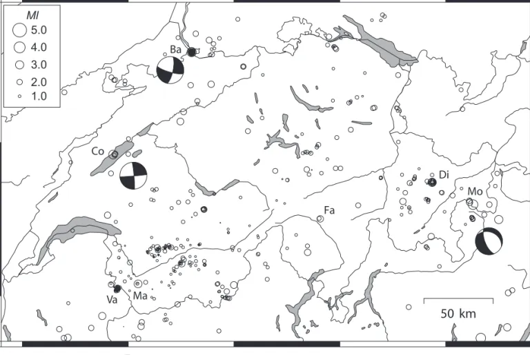 Fig. 3. Epicenters and focal mechanisms of earthquakes recorded by the Swiss Seismological Service during 2006