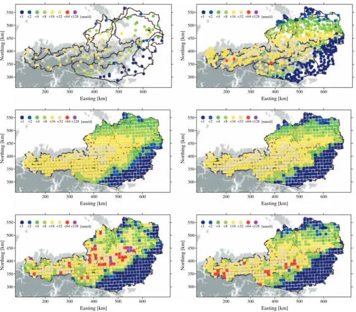 Fig. 1. Precipitation as observed by rain gauges (top row) and upscaled by Kriging analysis (middle row) or by condition stochastic simulations (bottom row) for 19 August 1999 in Austria