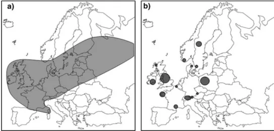 Fig. 1 Original (after Ruttner 1988) (a) and assumed (www.sicamm.org) modern (b) distribution areas of A