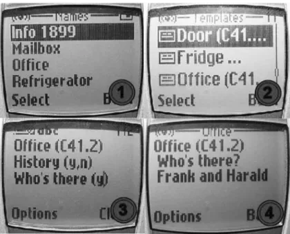 Fig. 6 Interaction stubs transmitted from smart objects to a mobile phone [phone book entries (1), SMS templates (2)], an edited SMS template with activated command (3), and the corresponding reply from a remote smart object (4)