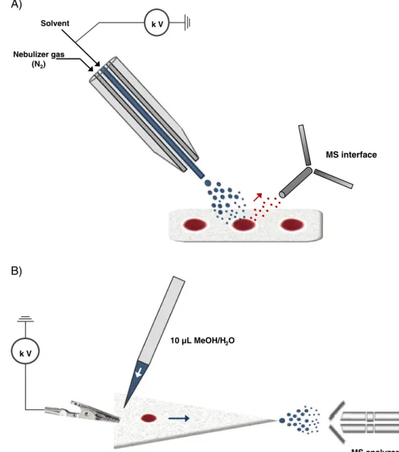 Fig. 4 Schematic representations of the DESI source (A) and the PS configuration (B) applied to direct MS analysis of the DBS samples