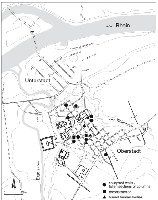 Figure 2 Overview of Augusta Raurica (from Schatzmann, not published), showing the locations of the archaeological features that are considered as indicative of an earthquake.