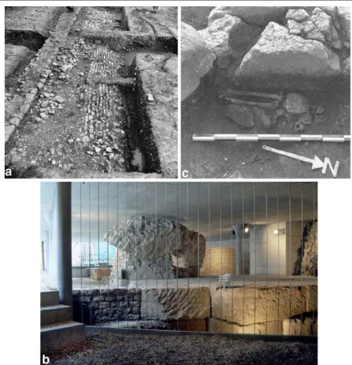 Figure 3 Examples of archaeological findings that might be due to a strong earthquake: (a) long collapsed walls (Bender 1975), (b) collapsed segment of wall by the theatre (photo: