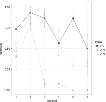 Fig. 2 Mean infectivity of evolved phages V1G (black squares ), V1P1 (gray circles ), and V1P2 (light gray triangles) at each transfer against contemporary Vibrio sp