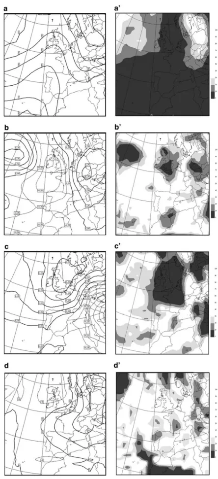 Fig. 5 Difference of composite averages between (2071–2100) under the SRES A2 warming scenario, and (1961–1990) periods on the left