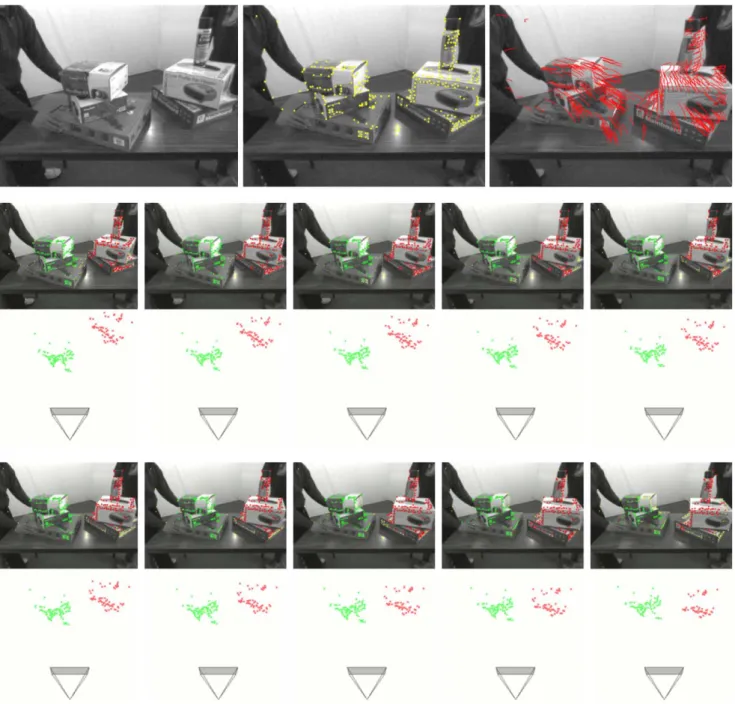 Fig. 7 Segmentation of the “boxes” sequence. Top: first frame, fifth frame with feature points superimposed, last frame with feature tracks superimposed