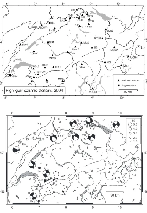 Fig. 1. Seismograph stations in Switzerland oper- oper-ational at the end of 2004.