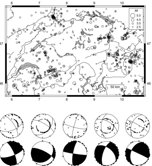 Fig. 4. Faultplane solutions (above) based on first-motion polarities and moment tensors (below) based on full-waveform inversion (lower hemisphere, equal area projection)