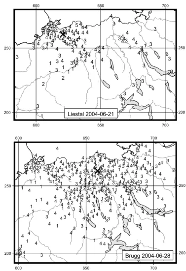 Fig. 8. Macroseismic observations for the events of Liestal (2004/06/22 01:10 local time) and Brugg (2004/06/29, 01:42 local time)