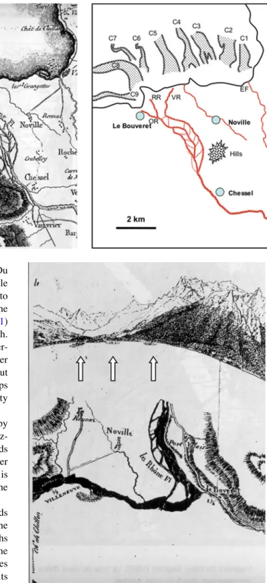 Fig. 10 Sketch from a passenger boat (above) and map of the coast line and Rhone Delta (below) by Dubois (1824)