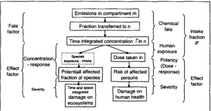 Fig.  2:  General  scheme  of the  Impact  pathway for  human  toxicity and  ecotoxicity (Jolliet et al