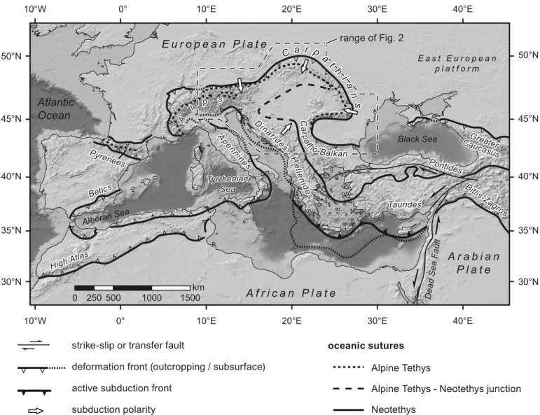 Fig. 1.  Overview of the circum-Mediterranean orogenic belt with the positions of present-day deformation fronts and subduction zones (modified after cavazza  et al
