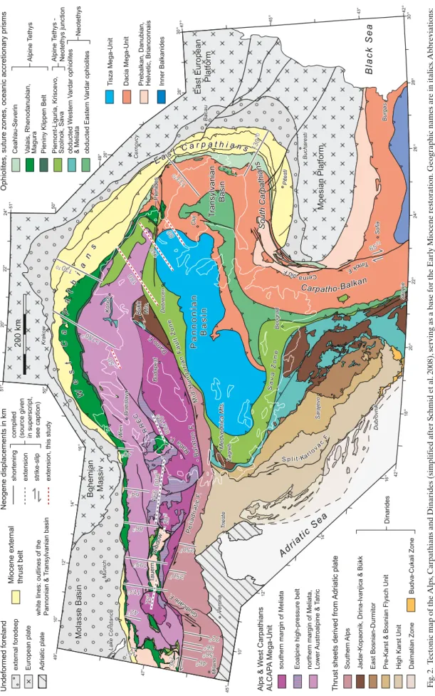 Fig. 2. tectonic map of the Alps, carpathians and Dinarides (simplified after schmid et al