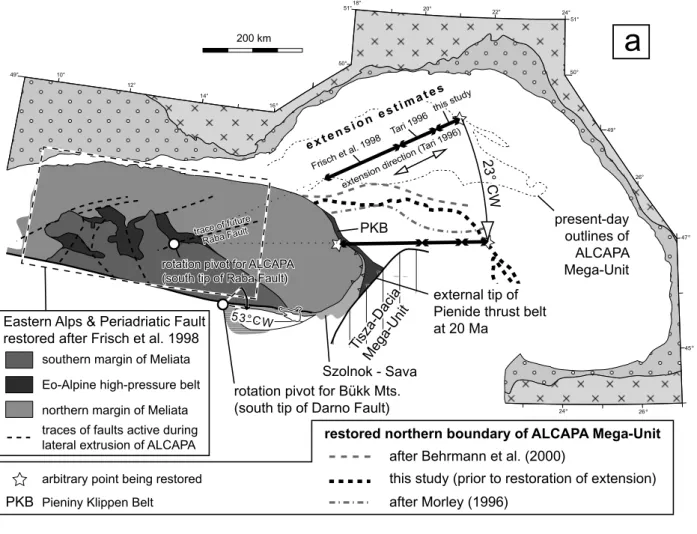 Fig. 5.  reconstruction of (a) the ALcAPA and (b) tisza-Dacia mega-units according to the constraints described in the text.EE'D'DC'C