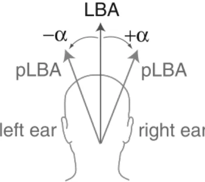Fig. 1 Definition of the angle a between the perceived longitudinal body axis (pLBA) and the true longitudinal body axis (LBA)