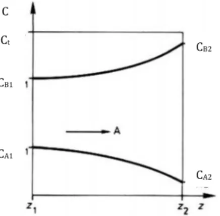 Figure 3.3. Profils de la concentration suivant la direction z dans le cas de la diffusion du  gaz A dans le gaz B stagnant