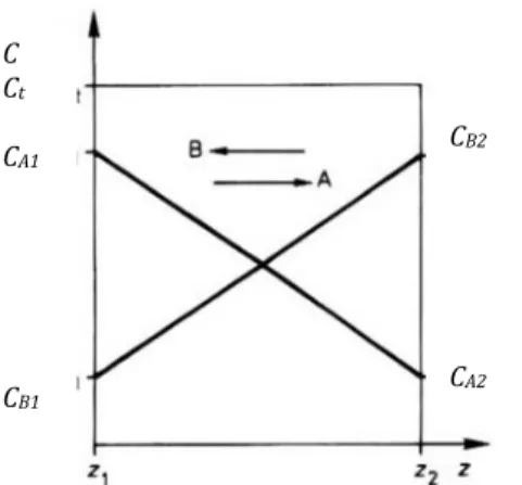 Figure 3.5. Profil de la concentration pour le cas de la contre diffusion équimolaire des gaz  A et B