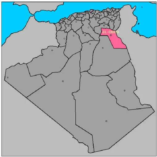 Figure 2. Situation géographique de Oued Souf-Algérie  (http://www.badiyaproject.com/pourquoi-loued-souf/).