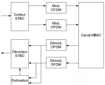 Figure 5. Schéma simplifié d’un système MIMO SFBC-OFDM  I.5.1. Modèle de système 