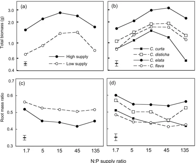 Figure 2. Total biomass 共 log scale 兲 and roots mass ratio of four Carex species after 13 weeks of growth in nutrient solutions with ﬁve different N:P supply ratios and two levels of overall nutrient supply 共 experiment 1 兲 