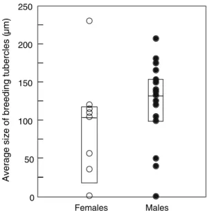 Fig. 1 Average size of breeding tubercles of mature females and males caught at the beginning of the spawning season
