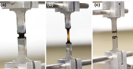 Fig. 7 (a) Photograph shows specimen Bc at stage 2-necking and the formation of vertical striation during the tension test at 23°C