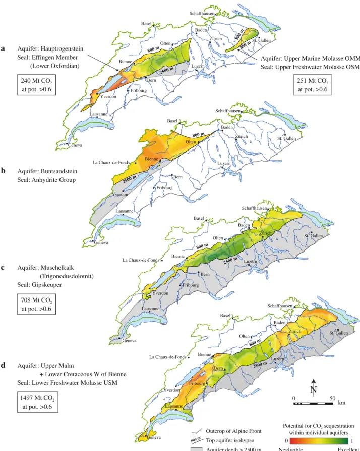 Fig. 8 Intrabasinal evaluation of the CO 2 -storage potential of individual sealed aquifers in the Swiss Molasse Basin and adjacent Jura