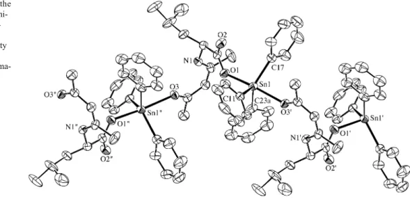 Fig. 2 Three repeats of the crystallographically and  chemi-cally unique unit in the  poly-meric [Ph 3 SnL 3 H] n chain structure of 3 (50% probability ellipsoids)