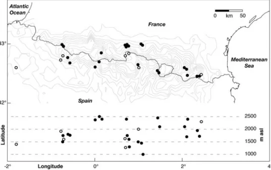 Fig. 1 Location of the 28 TRW sites. Filled circles indicate the 21 sites from where additional MXD measurements exist.