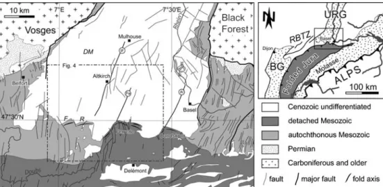Fig. 1 Geologic-tectonic map of the southernmost URG and adjacent areas. Al Allschwil Fault, DM Dannemarie Basin, F Florimont ﬂexure, Fe Ferrette Fault, IF Illfurth Fault, R Re´che´sy ﬂexure