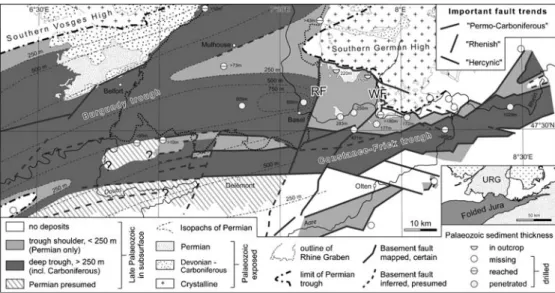 Fig. 2 Late Palaeozoic troughs and highs in the southernmost Upper Rhine Graben and adjacent areas