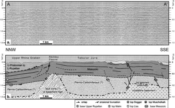 Figure 5 depicts a NNW–SSE-trending, 13.5 km long reﬂection-seismic proﬁle that crosses the Re´che´sy ﬂexure (see Fig