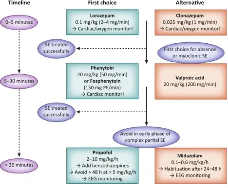 Figure 1. Overview of pharmacologic treatment of status epilepticus (SE). This protocol is by no means highly  evidence-based, but only summarizes the author’s opinion and experience