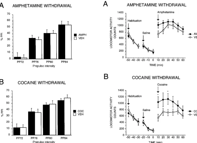 Fig. 4 Locomotor activity measured during an initial 30-min peri- peri-od in a novel open field environment, a 30-min periperi-od following an injection of saline vehicle, and a 1-h period following a  chal-lenge injection with either A amphetamine (1.5 mg