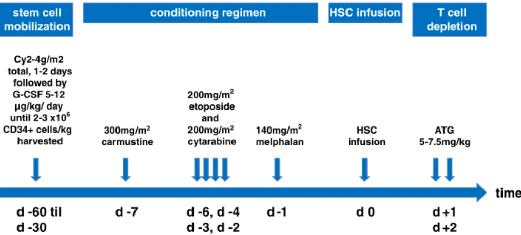 Fig. 2. Protocol for BEAM/ATG regimen in aHSCT. Stem cell mobilization with cyclophosphamide (Cy) and G-CSF