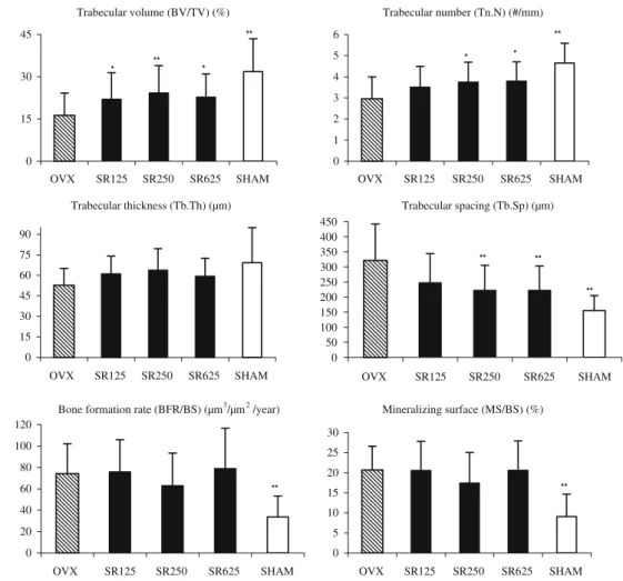 Fig. 3 L3 lumbar vertebra 2-D histomorphometry indices in OVX rats treated with strontium ranelate