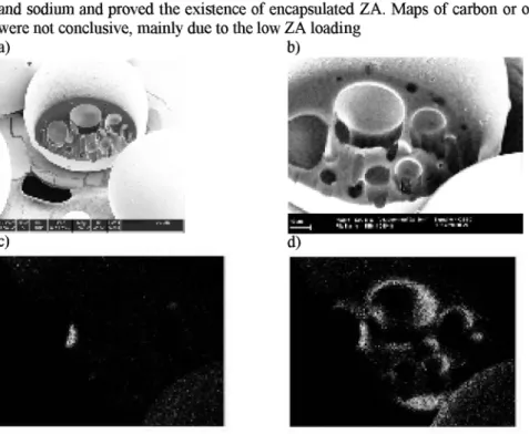 Figure 3. a)  Electron micrograph of a microcapsule cross-section  prepared  by  FIB milling, b)  electron backscatter image, c) sulfur element map of the cross-section region, d) analogous  sodium element map