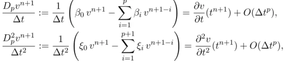 Table 1. V alues of parameters β i and ξ i for BDFp schemes involved in the discretization of ﬁrst (left) and second (right) derivatives  -p = 1, 2, 3, 4.