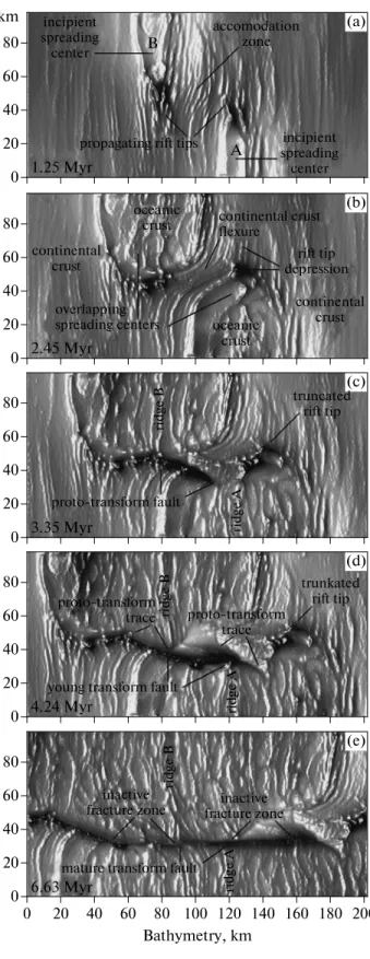 Fig. 3. Development of the model topography with time.