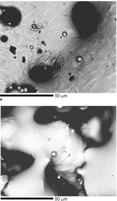 FIGURE 2 SEM backscatter electron micrographs of sintered samples at (a) 1 W, 5 kHz and (b) 200 mW, 1 