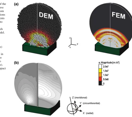 Fig. 2 Cross sections of the half sphere. a Shock-wave propagation obtained from DEM and FEM simulations for v i = 117 m/s