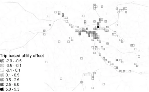 Fig. 4 Spatial distribution of utility corrections for trips attracted between 8 and 9 am