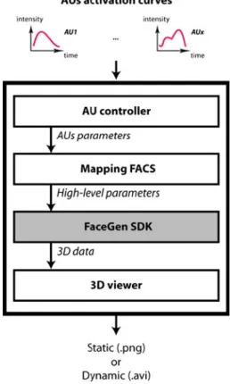 Fig. 1 Architecture and information flow in FACSGen. A graphical user interface allows the user to describe the dynamics of activation over time for each AU (curves at the top of the figure)