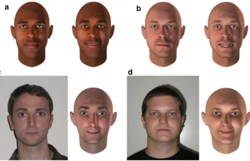 Fig. 2 Examples of faces manipulated with FACSGen. Panel a Random African face: neutral expression and portraying AU 1 ? 2 ? 6 ? 12 ? 25