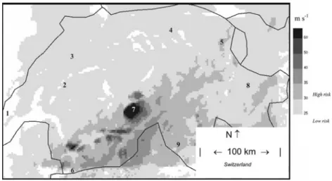 Fig. 2 Mean sea-level pressure in hPa (a) and 1000–500 hPa thickness in dam (b) simulated with the 160- 160-km CRCM averaged over the ten strongest windstorms