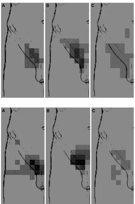 Fig. 2. Localization of hyposensibility in patients with (A) open nonmesh, (B) open mesh, and (C) laparoscopic hernia repair.