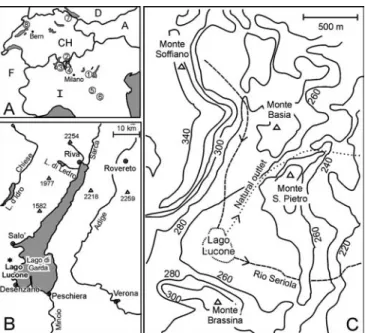 Fig. 1 Map of the study region. A sites mentioned in the text: 1 former Lago Lucone (this study); 2 Lago di Origlio and Lago di Muzzano (Tinner et al