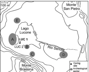Fig. 2 Map showing archaeological sectors (grey areas) and coring sites (black dots). The archaeological sectors can be grouped as  fol-lows: C—Neolithic artefacts, A and D—Early-Middle Bronze Age settlements, B and E—Bronze Age findings