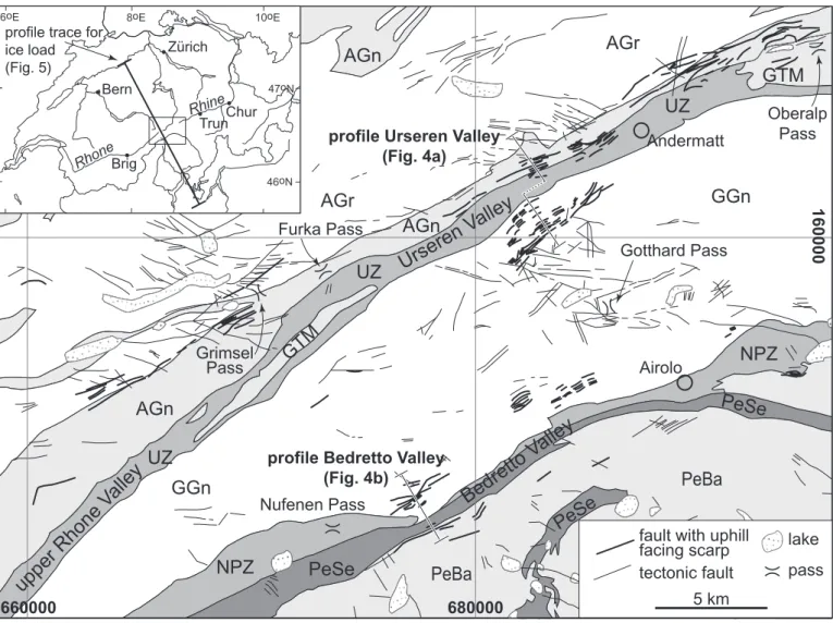 Fig. 1.  Tectonic map of the study area. Tectonic faults and faults with uphill-facing scarps mapped from aerial photographs and identified by fieldwork are in- in-dicated by thin and thick solid lines, respectively